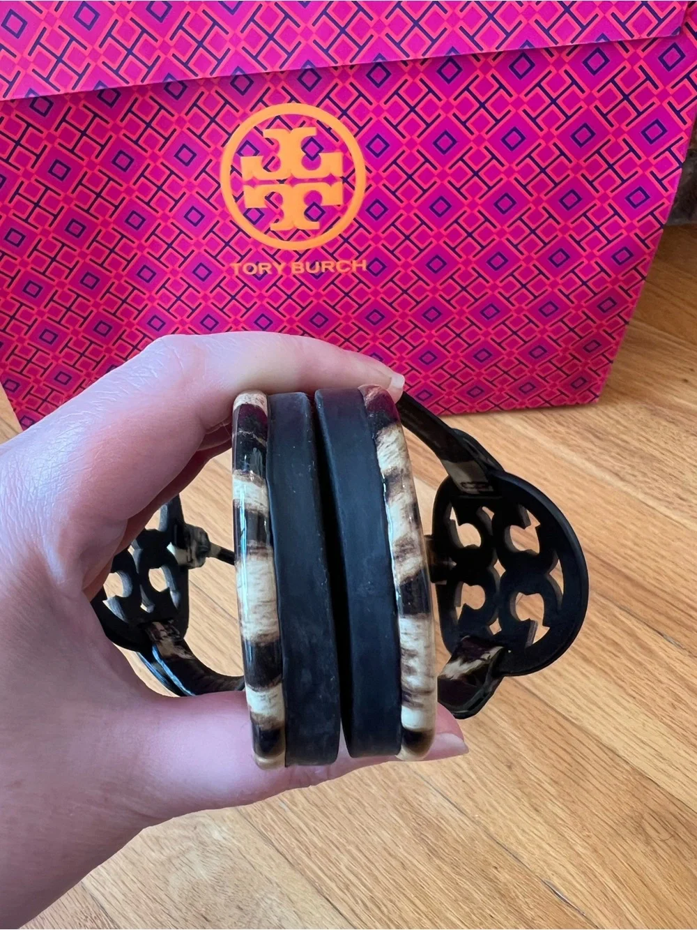 Tory Burch Tan & Black Natural Leopard Printed Patent Leather Miller Sandals